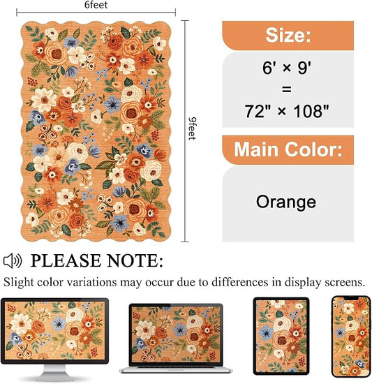 DUKINO 6x9 Area Rug, Floral Washable Rugs for Living Room with Non Slip Backing & Non-Shedding, Lightwight Low Pile Boho Design Large Carpets for Bedroom, Living Room, Dining Room, Orange