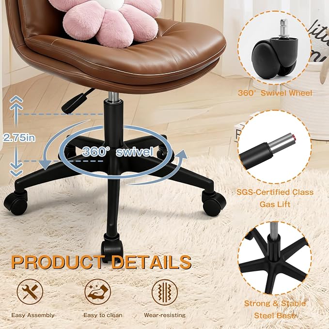 Small Office Desk Chair, PU Leather Armless Swivel Chair with Lumbar Pillow, Height Adjustable Task Chair for Small Spaces, Bedroom & Vanity Brown