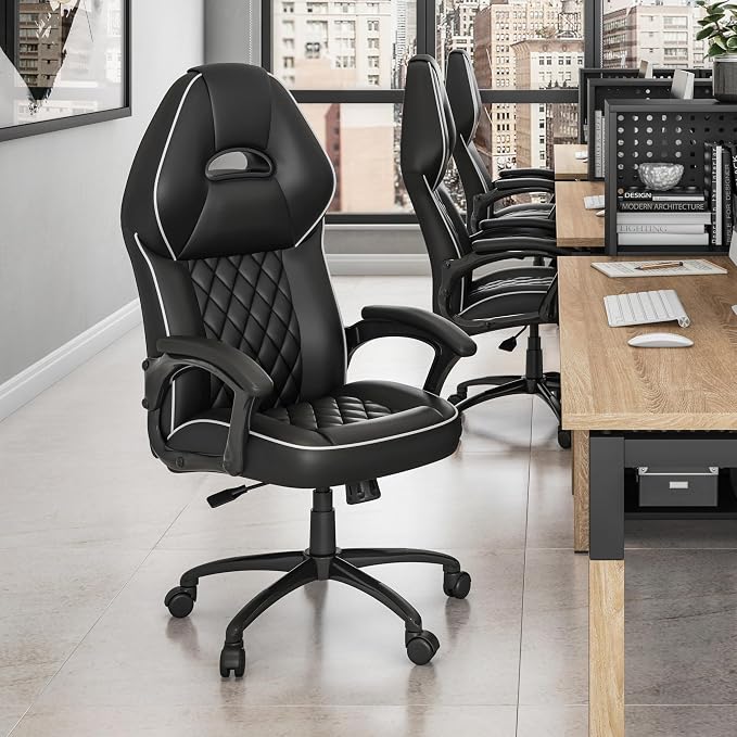 Techni Mobili PU Leather Executive Chair with Padded Armrests, Height Adjustable Racing Style Office Chair with Tilt Control, Black