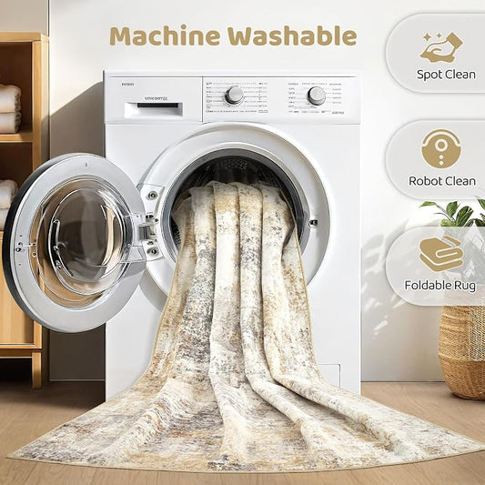 LOONGRUG 5x8 Area Rug Living Room: Machine Washable Large Abstract Soft Thin Rugs Stain Resistant Indoor Floor Non-Slip Accent Carpet for Bedroom Nursery Playroom Office Dining Room Dorm- Gray Gold