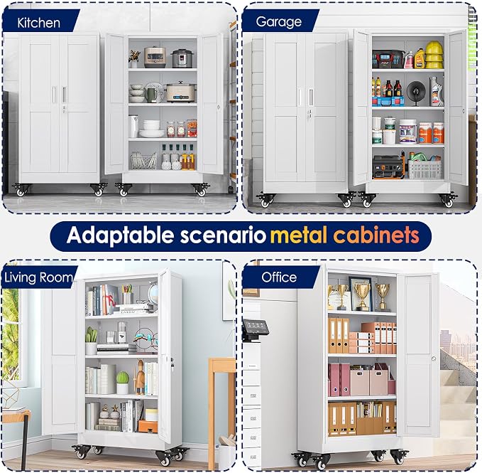 erosoei 45.6"H Metal Garage Storage Cabinet, Rolling Tool Cabinet with 2 Doors and Wheels, Locker Steel Cabinet with 3 Adjustable Shelves, Organization Cabinet for Garage,Office,Home,Gym,School(White)