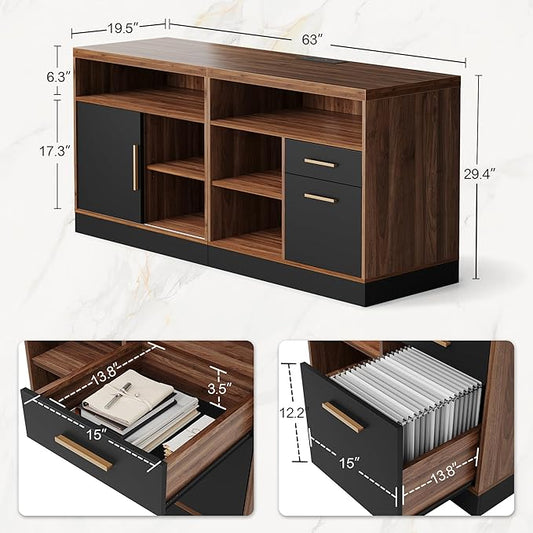 ModernMate Lateral File Cabinet with Lock,Home Office Furniture Storage Cabinet w/2 Drawers for A4 / Letter Documents, Wide Credenza w/Built-in Power Outlet, Fashion TV Stand Organizer Black Walnut