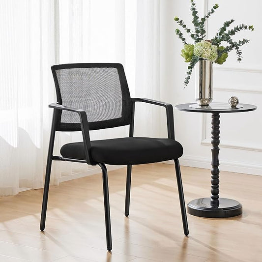 Mesh Back Stacking Arm Chairs, Office Reception Guest Chair with Upholstered Fabric Seat and Ergonomic Lumber Support, Sturdy Metal Office Chairs, Black-4pack