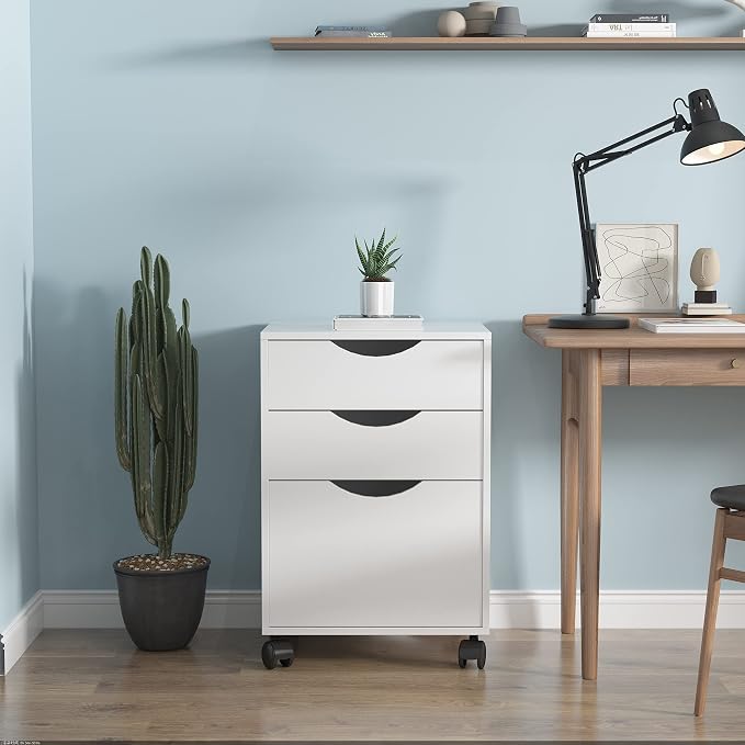 QDSSDECO 3 Drawer Mobile File Cabinet, Rolling Vertical Filing Cabinet fits A4, Legal Paper and Letter Paper for Home Office, White