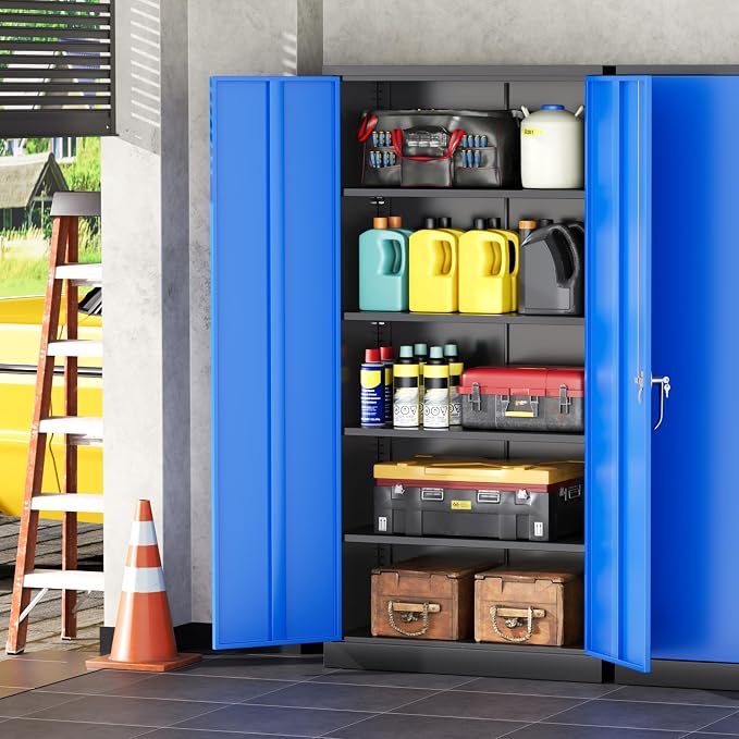 INTERGREAT Metal Garage Storage Cabinet with Lock, 72" Storage Cabinet with Locking Doors and 4 Adjustable Shelves, Lockable Steel Tool Cabinet for Home Office, School, Black Blue