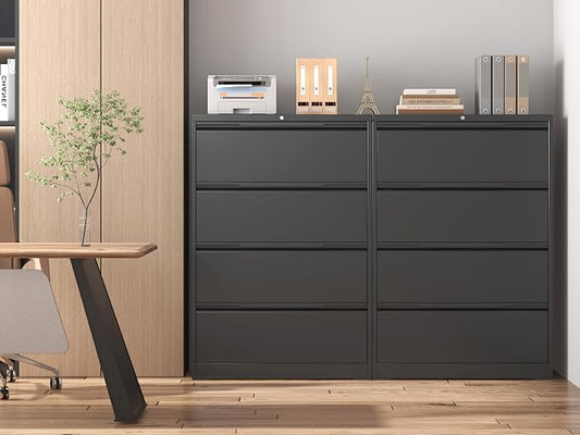 Lateral File Cabinet 4 Drawer, Metal File Cabinet with Lock | Filing Cabinets for Home Office, Black Locking Deep Drawer for Hanging Files Letter/Legal/A4/F4 Size, Assembly Required