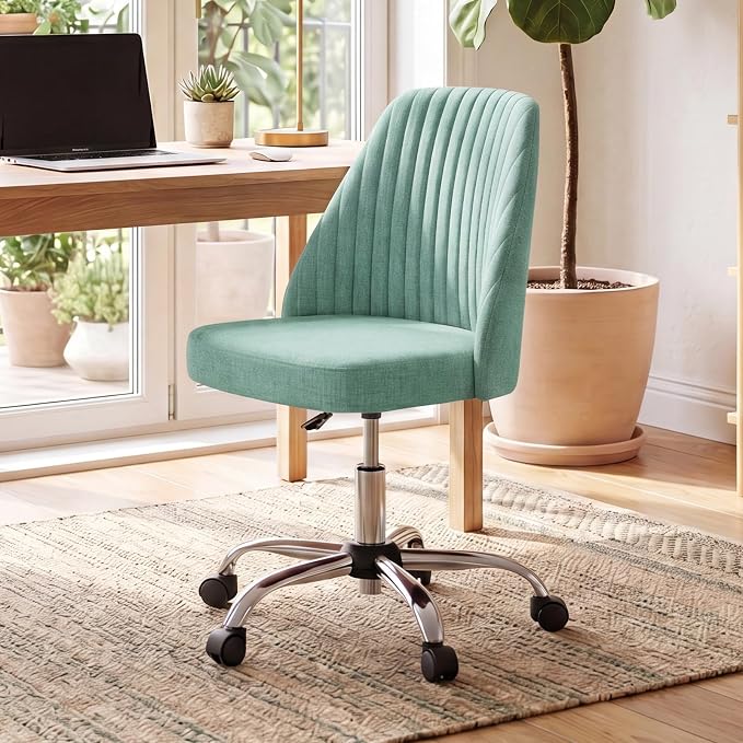 DUMOS Office Chair, Comfy Desk Chair Rolling Vanity Swivel Task Chairs with Wheels, Wide Seating Armless Height Adjustable Computer Chairs for Home,Bedroom,Student,Adults, Green