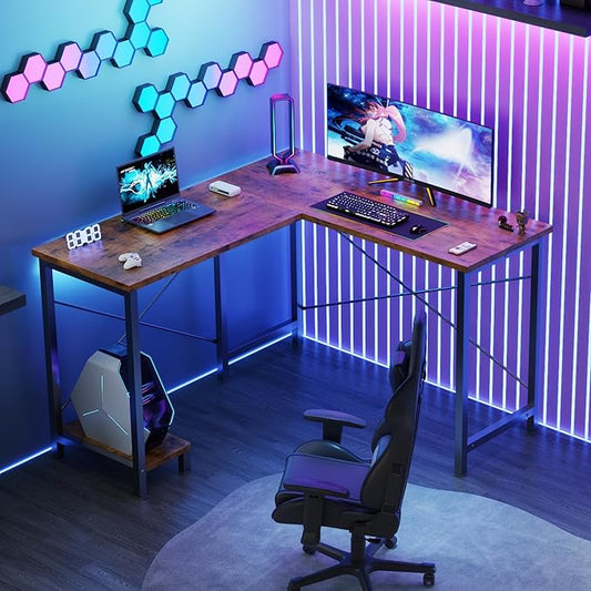 DUMOS L Shaped Desk, Computer Gaming Desks Corner Office Table with CPU Shelf for Home Study Writing Work Station 50 Inch, Sturdy Modern Design, Study, and Home Office Use, Rustic Brwon