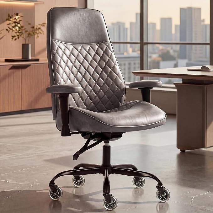 NEO CHAIR Ergonomic Leather Office Desk Chair with Adjustable Height Armrests High Back Lumbar Support Swivel Executive Computer Chair with Wheels Comfy Home Office Chair for Adults (Grey)
