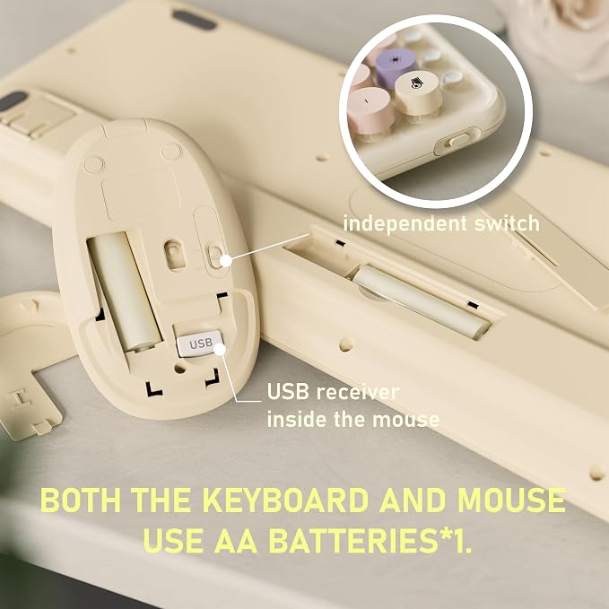 Wireless Keyboard and Mouse, Colorful 104-Key QWERTY with Round Keys, Phone Holder, Wrist Rest, Power Buttons, 2.4GHz USB for PC Laptop (Khaki Colorful)