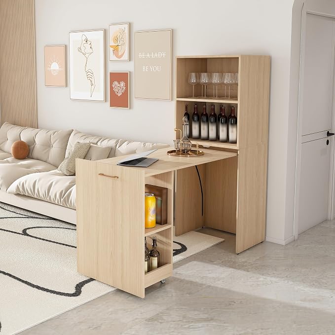 Montary Expandable and Foldable Desk, Mobile Office Desk with Storage Shelves & Wheels, Compact Computer Desk for Small Space, Reversible L Shaped Desk (Natural)
