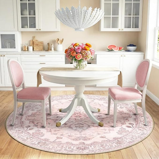 RELEANY Area Rugs Round 6ft Washable Non-Slip, Floral Vintage Distress Medallion Carpet for Living Room Bedroom Dining Room, Pink Greypink Cute