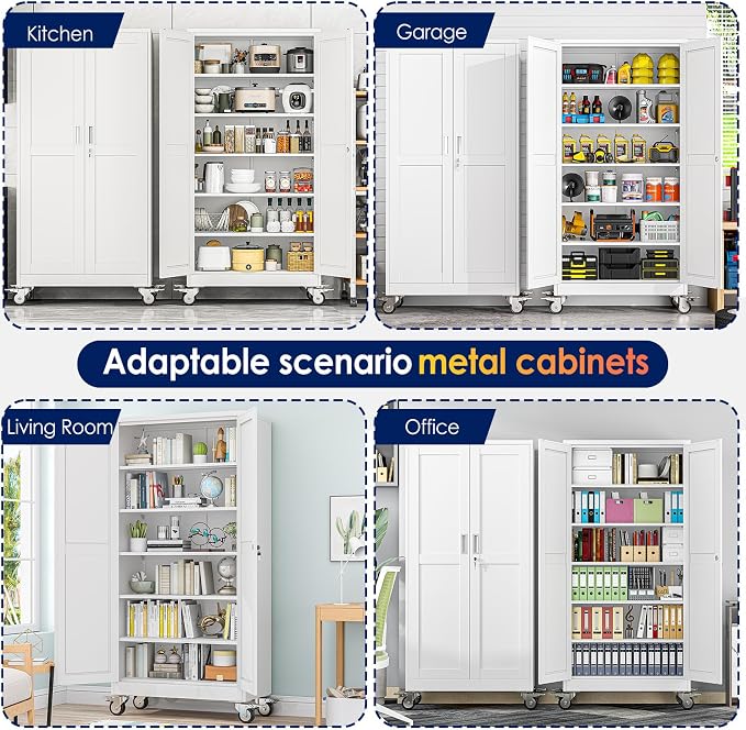 erosoei 74" H Metal Garage Storage Cabinet, Rolling Tool Cabinet with 2 Doors and Wheels, Locker Steel Cabinet with 5 Adjustable Shelves, Organization Cabinet for Garage,Office,Home,Gym,School(White)