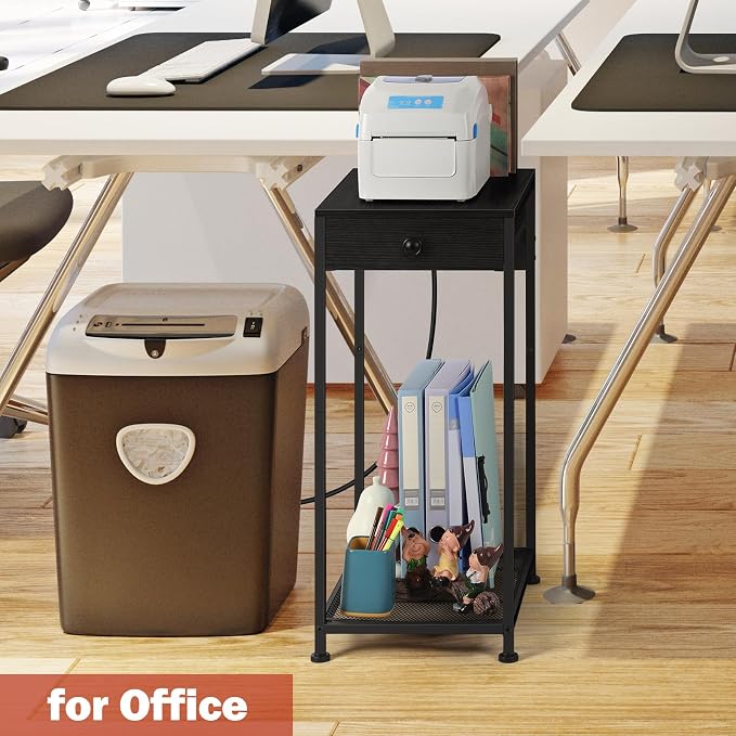 Vrisa Printer Stand with Storage Drawer Small Printer Table Cart with Wheels and Charging Station Home Mobile Computer PC Tower Label Printer Shelf Shredder Stands for Home Office, Black