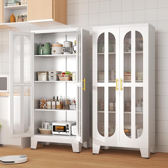 erosoei Metal Kitchen Pantry Storage Cabinet,Food Pantries Cabinets with Acrylic Glass Doors and Adjustable Shelves,Storage Cupboard for Kitchen, Living Room, Laundry Room and Dinning Room 61.02”H