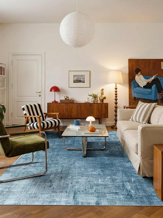 Latte&Fog 5x7 Area Rugs for Living Room Bedroom, Blue Modern Abstract Neutral Washable Rug, Boho Non Slip Low Pile Carpet for Dining Room, Dorm, Classroom, College Dorm, Farmhouse and Kids Room - Blue