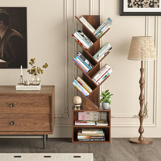 SHEEPAM 10 Tier Tree Bookshelf,Floor Standing Wood Tall Bookcase for Narrow Space, Storage Organizer Bookshelves for Books, Book Case for CDs/Movies/Books,Home Office,Living Room, Bedroom