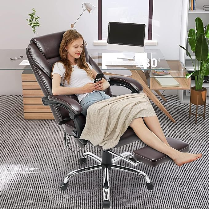 HOMREST 4-Point Massage Reclining Office Chair, Leather Heating Executive Chair, Ergonomic Home Office Desk Chair with Retractable Footrest,Computer Chair for Home Office, Study, Gaming (Brown)