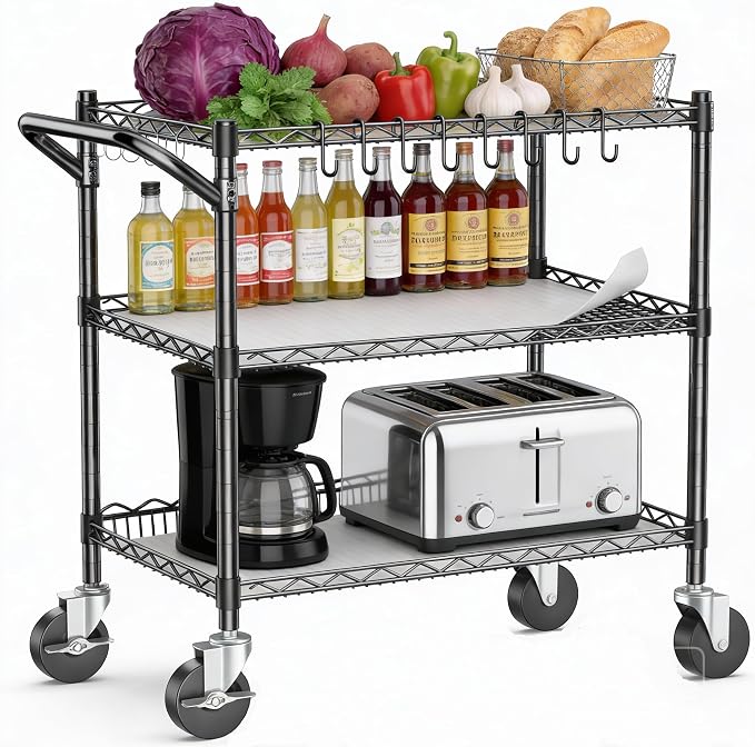 1050Lbs Heavy Duty Utility Cart with Wheels 3 Tier Rolling Metal Cart, Commercial Grade Storage Cart with Handle Bar & Shelf Liner, Trolley Wire Serving Cart for Garage, Kitchen, Restaurant