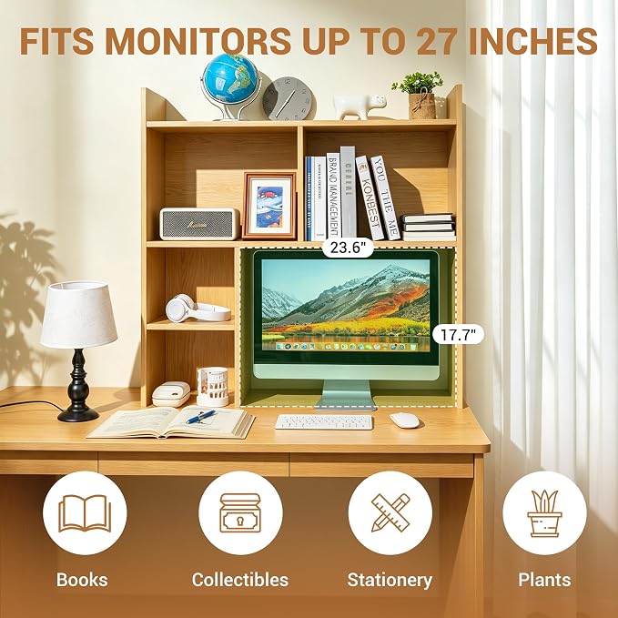 deli Desktop Shelf, Desk Hutch with 5 Shelves for Computer Desk, Desktop 3-Tier Display Rack, Multipurpose Wood Desktop Bookshelf Storage Organizer for Dorm Office Home, Natural