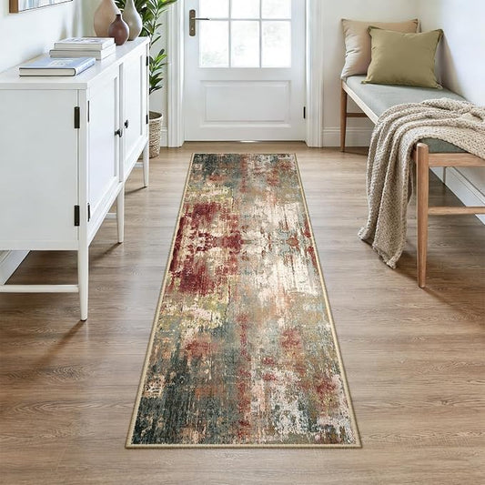 RELEANY Washable Area Rugs 2x7 Non-Slip Modern Abstract Soft for Living Room Entryway Bedroom Kitchen, Print Pattern, Brown Rust Red Green Blue Multi