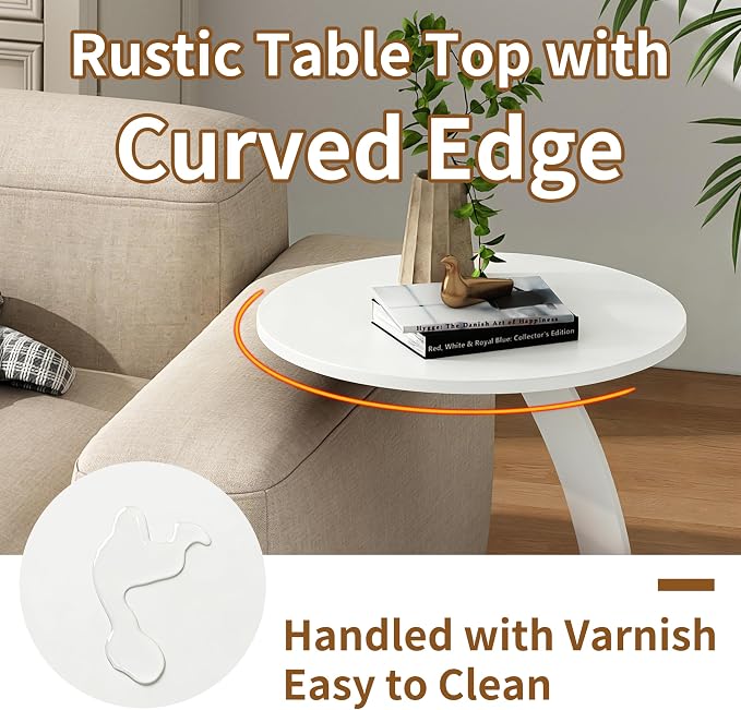C Shaped End Table, Small Round Side Table for Couch, Slide Under Sofa Tray Desk for Living Room Bedroom, Solid Wood TV Tray Table for Narrow Space (15” White)