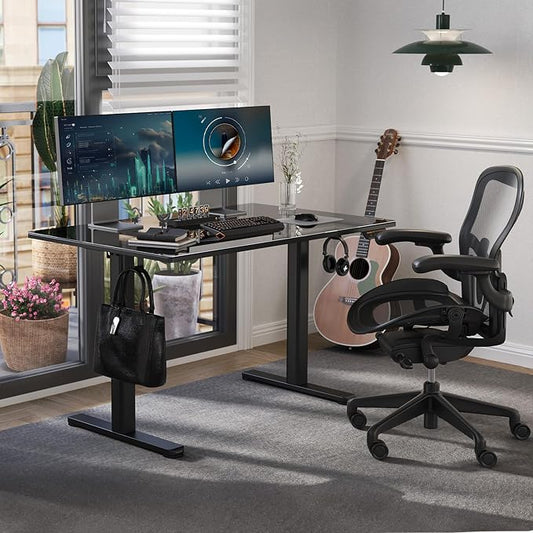 Claiks Glass Standing Desk, 40x24 Inch Small Stand Up Desk Electric Adjustable Height Quick Install Computer Desk for Home Office, Super Black