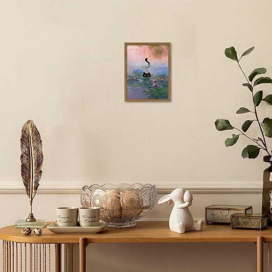 Vintage Framed Cat Canvas Wall Art Monet Print, Funny Black Cat in Water Lilies Poster, Monet Office Wall Decor, Floral Oil Painting Picture Artwork for Living Room Bathroom Aesthetic – 8x10 inch