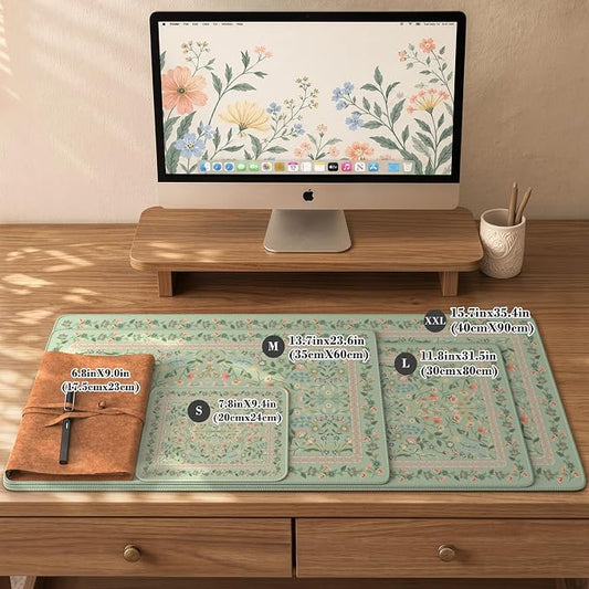 iCasso Aesthetic Flower Mouse pad for Laptop, Desk Pad Mat, Desk Matt for Desktop 13.7"x23.6", Anti-Slip Mousepad with Stitched Edges for Laptop Computer Keyboard(Light Green)