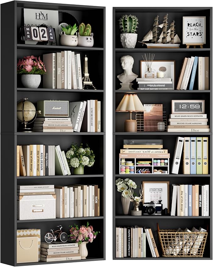 FOTOSOK 6-Tier Open Bookcase and Bookshelf, Freestanding Display Storage Shelves Tall Bookcase for Bedroom, Living Room and Office, Black Set of 2