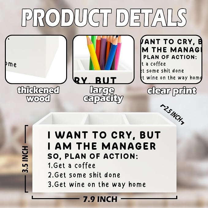 Funny Pen Office Pencil Holder Organizer for Desk, Manager Gifts for Women Men, Funny Coworker Gifts Wooden Box Sign for Home Office Desk Tabletop Decorations