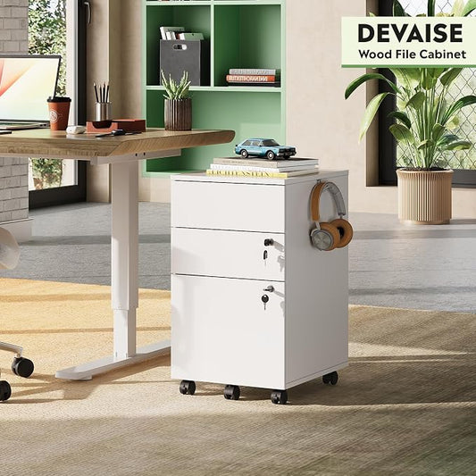 DEVAISE 3 Drawer Mobile File Cabinet with Lock, White Wood Rolling Filing Cabinet for Under Desk, Fits Letter/Legal/A4 Size for Home Office