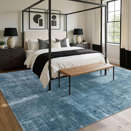 Latte&Fog 10x14 Area Rug for Living Room, Extra Large Blue Modern Abstract Washable Rugs, Boho Non Slip Low Pile Carpet for Indoor Bedroom Dining Room, Office, Dorm, Classroom and Farmhouse - Blue