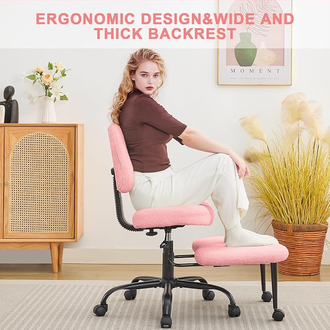 Criss Cross Legged Meditaion Chair,Exquisite Home Office Furniture,Ergonomic Kneeling with Lumbar Support and Adjustable Height Stool,for ADHD Adults,Teddy Fabric (Pink, Teddy Fabric)