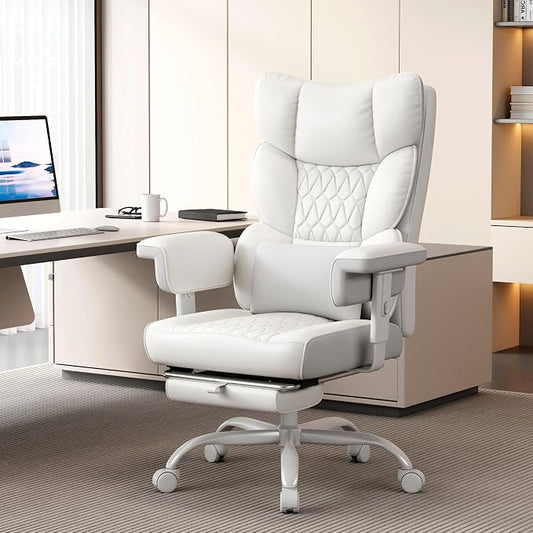 Misolant Big and Tall Office Chair with Footrest, High Back Executive Desk Chair with Adjustable Lift Armrest, 155°Recline,Lumbar Support Pillow, Faux Leather Gaming Chairs for Home All White
