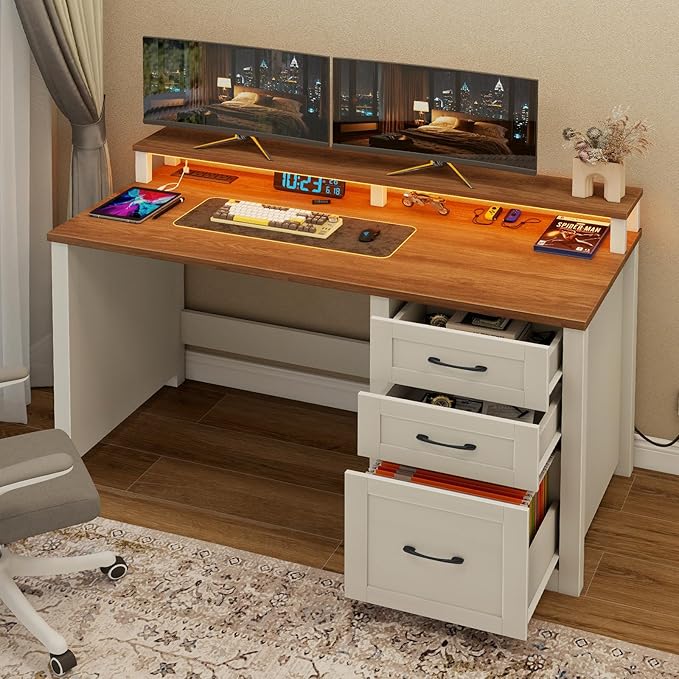 Vabches 47" Farmhouse Executive Desk with Monitor Stand & File Cabinet,3 Drawers Computer Desk with LED Lights and Power Outlets,Workstation for Home Office, Study,Writing.(Unique White)