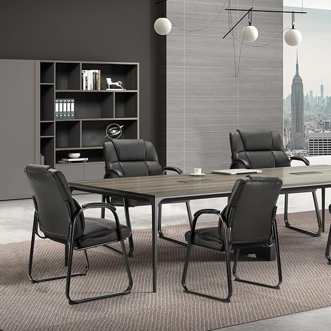 Sweetcrispy Waiting Room Guest Chair Set of 8, Leather Stationary Office Reception Chairs No Wheel, Comfy Padded Arms and Seld Base, for Conference Room Lobby Home Desk Bedroom Elderly, Black