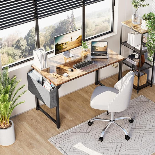 OLIXIS 47 Inch Computer Office Desk for Small Spaces, Writing Gaming Work Desk Modern Study Table with Storage Bag & Headphone Hook Home Bedroom, Rustic Brown