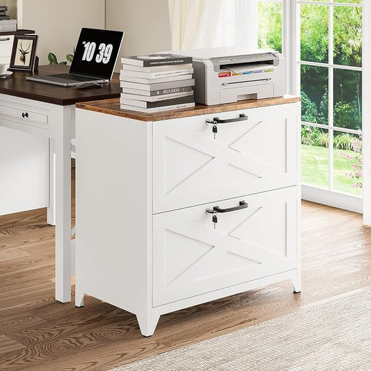 2 Drawer Farmhouse File Cabinet with Lock, Lateral Filing Cabinet for Letter/Legal/A4 Size, Wood File Storage Cabinets Printer Stand with Large Storage for Home Office School, White