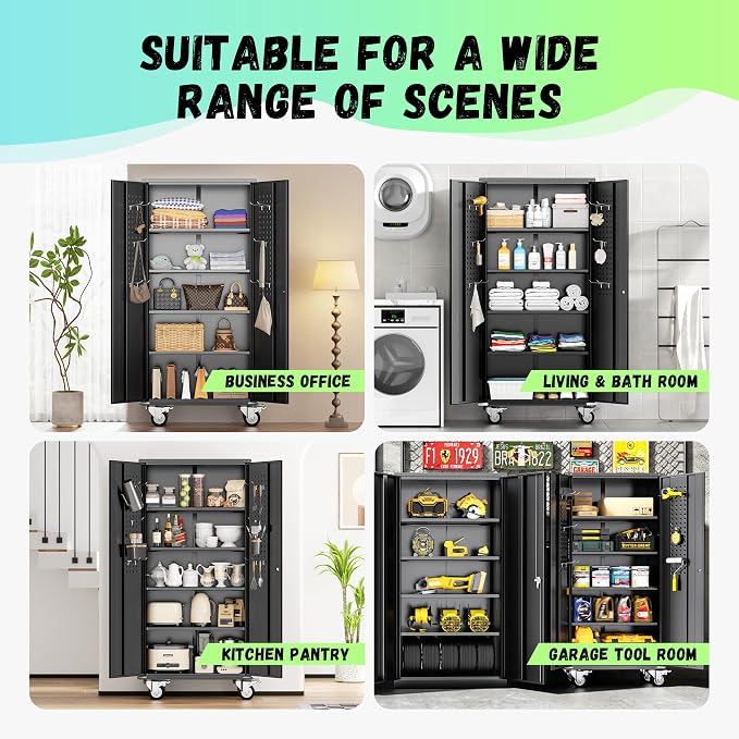 INTERGREAT Metal Storage Cabinet with Wheels, 75" Garage Storage Cabinets with Door and 4 Shelves, Tool Storage Locker on Caster for Home, Office, Black