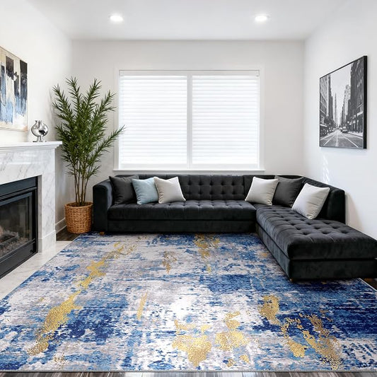 RELEANY Washable Area Rugs 10'x14' Non-Slip Modern Abstract Soft for Living Room Entryway Bedroom Kitchen, Print Pattern, Grey Blue Gold/Golden