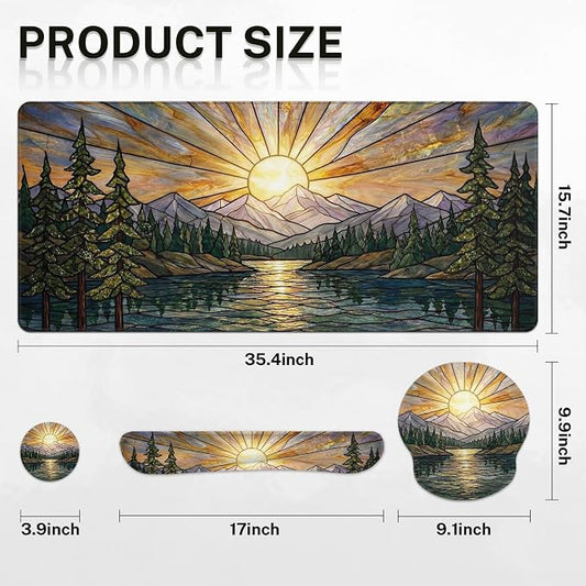 Britimes Mountain Gold Sun Keyboard Mouse Pad Set Nature Forest 4in1 Large Mousepad+Keyboard Wrist Rest+Mouse Wrist Rest+Coaster Ergonomic Design for Home Office Computer 35.4x15.7 inches