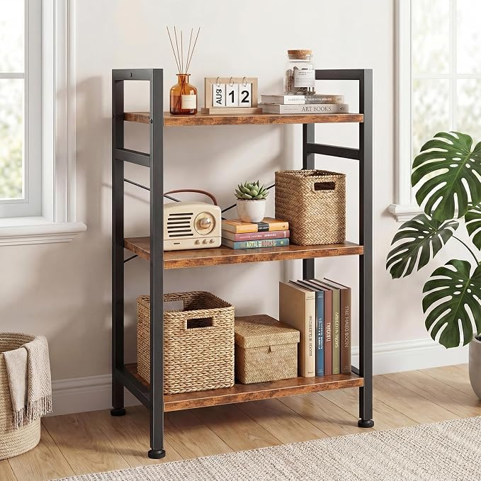 DUMOS 3 Tiers Open Bookshelf, Classic Freestanding Tall Display Shelf, Multifunctional Storage Organizer Rack for Living Room Home Office, Sturdy Bookcase for CDs/Books/Movies, Brown