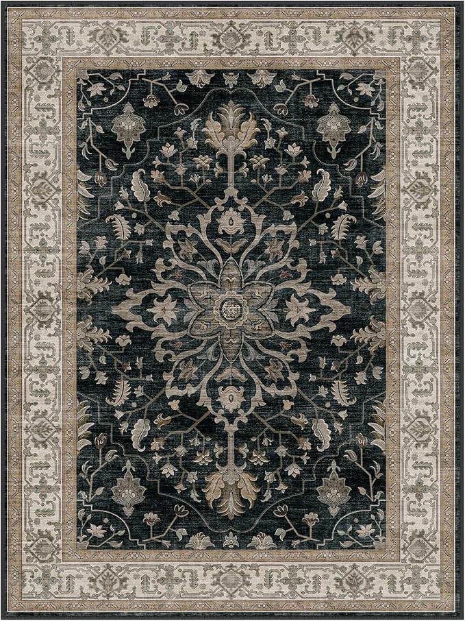 RELEANY Area Rugs 4'x5' Washable Non-Slip, Floral Vintage Distress Medallion Carpet for Living Room Bedroom Dining Room, Vintage Black Brown Neutral