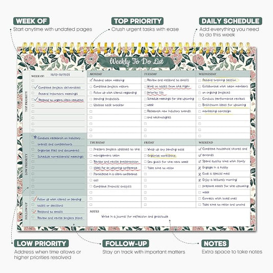 Taja Weekly To Do List Notepad with 52 Undated Sheets(8.5"×11")- Weekly Desk Planner for Women & Man, Work and Home - 1 Pack Rose Meadow
