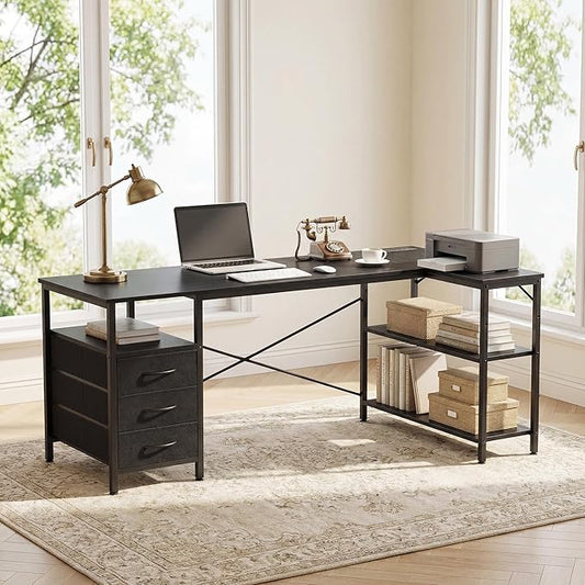 Alpen L Shaped Desk, Black Desk for Bedroom, Gaming Table with Power Outlets, 3 Drawers and Shelves, Large Corner Desk for Gaming, Study Writing PC Table for Work, 55 Inch