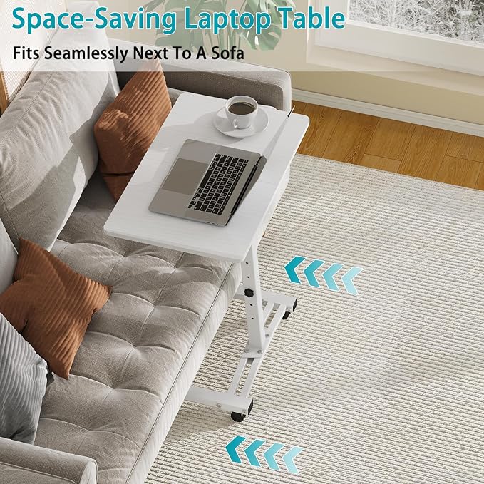 Rolling Adjustable Height Computer Desk With Drawers, Small Mobile Laptop Desk Cart On Wheels For Small Spaces Home Office, Portable Sitting Laptop Table For Bed Couch Load Up To 60LBS, Sturdy, White