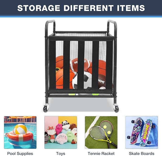 STO STO 2 Pack Rolling Sports Ball Storage Cart, Lockable Basketball Cage with Elastic Straps, Sport Equipment Holder Organizer for Indoor Outdoor, Steel Storage Rack for Playgroud and Gym, Black