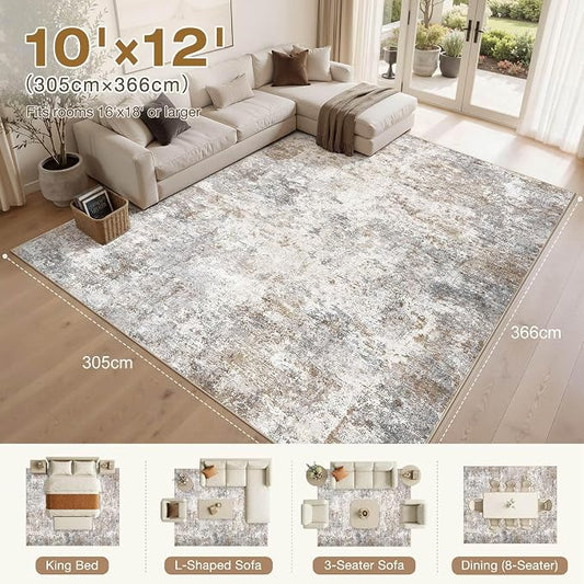 UERMEI 10x12 Area Rug Living Room Rugs - Washable Neutral Modern Abstract Soft Thin Large Rug Indoor Floor No Slip Rug Carpet for Bedroom Under Dining Table Home Office Decor - Brown Grey