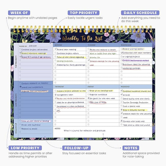 Weekly To Do List Notepad with 52 Undated Sheets(8.5"×11")- Undated Weekly Planner Notepad for Office Desk Accessories and Supplies - Blue Meadow